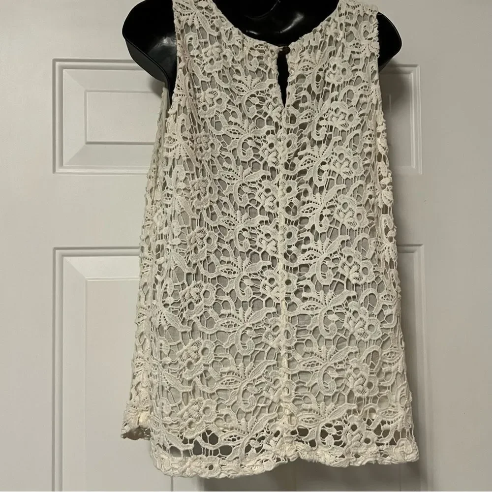 Lucky Brand Ivory Lace Eyelet Overlay Sleeveless Tank Top Fairy Tunic Shell M